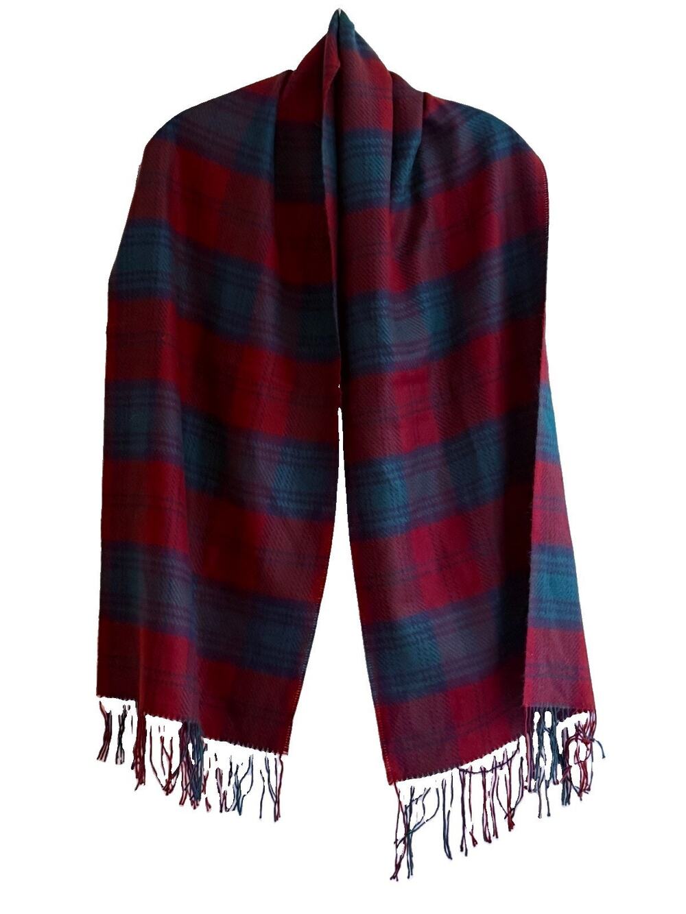 Vintage Savile Row Tartan Plaid Scarf Red Green Fringe 64” Made in Korea